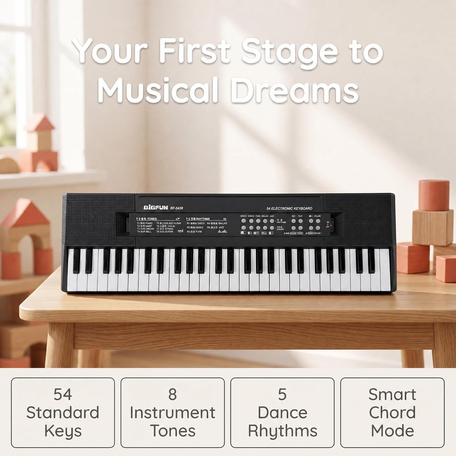 54-Key Kids Keyboard Piano, Electronic Musical Toy for Kids Ages 3+ | Kids Piano with Microphone & USB Cable