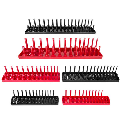 6PCS Socket Organizer Tray Set, Red SAE & Black Metric Socket Storage Trays, 1/4-Inch, 3/8-Inch & 1/2-Inch Drive Deep