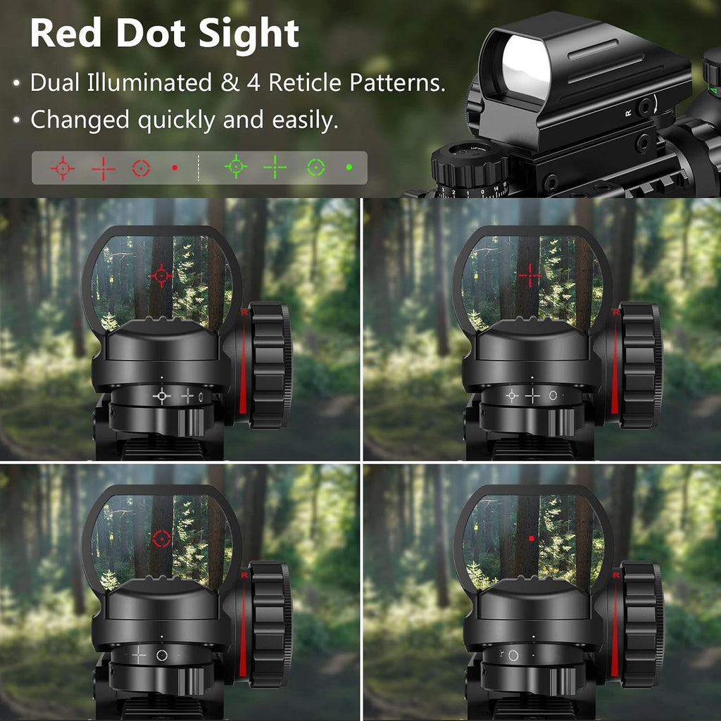 3-9x32 Scope Combo with Dual Illuminated Scope Optics & 4 Holographic Reticle Red/Green Dot Sight & IIIA/2MW Laser