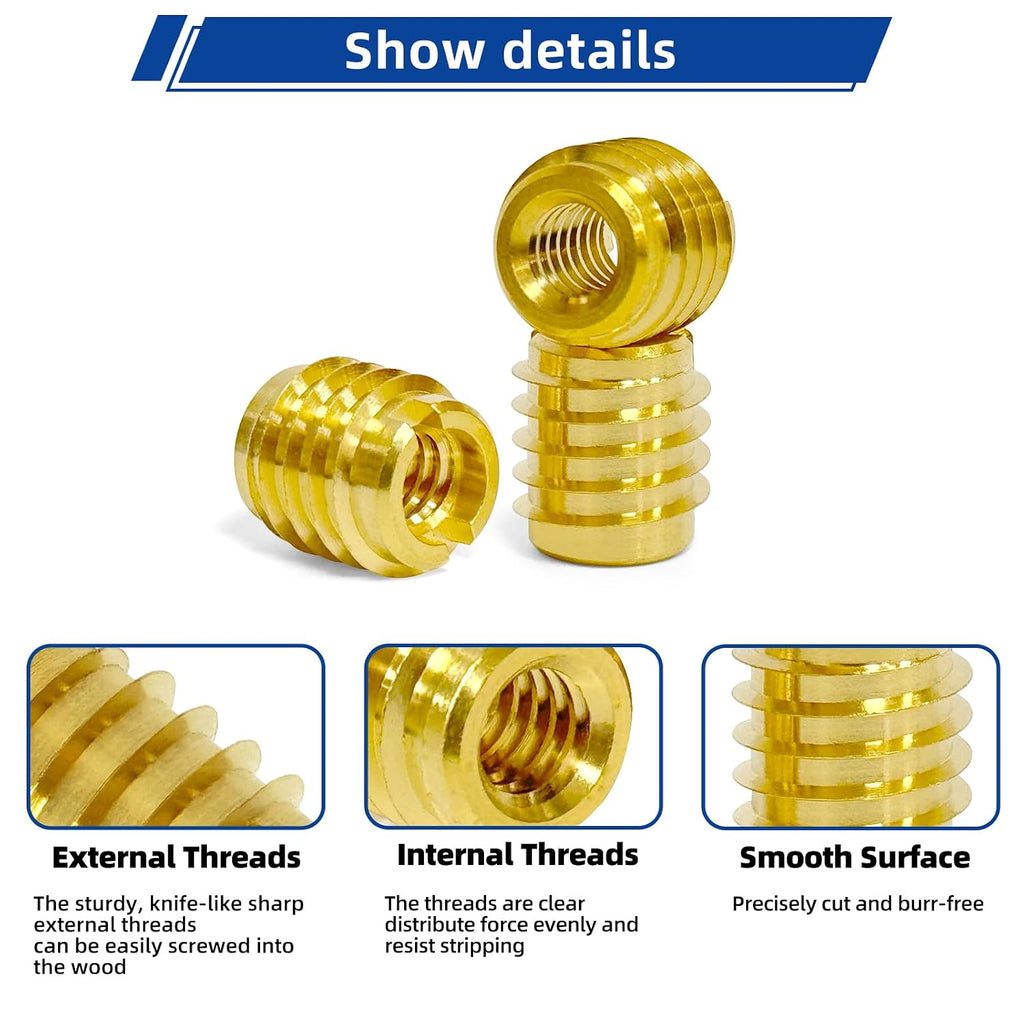 Threaded Inserts for Wood, Installation Kit, Brass, Includes 1/4"-20 Knife Thread Inserts (10pcs), Drill, Installation Tool
