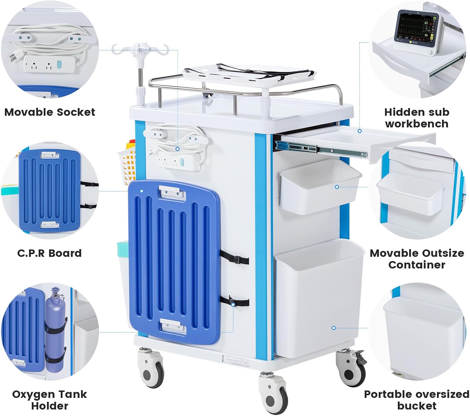 5-Tier Medical Cart, Hospital Emergency Rolling Crash Carts with Adjustable IV Pole, Silent Casters, Trash Bin & O2