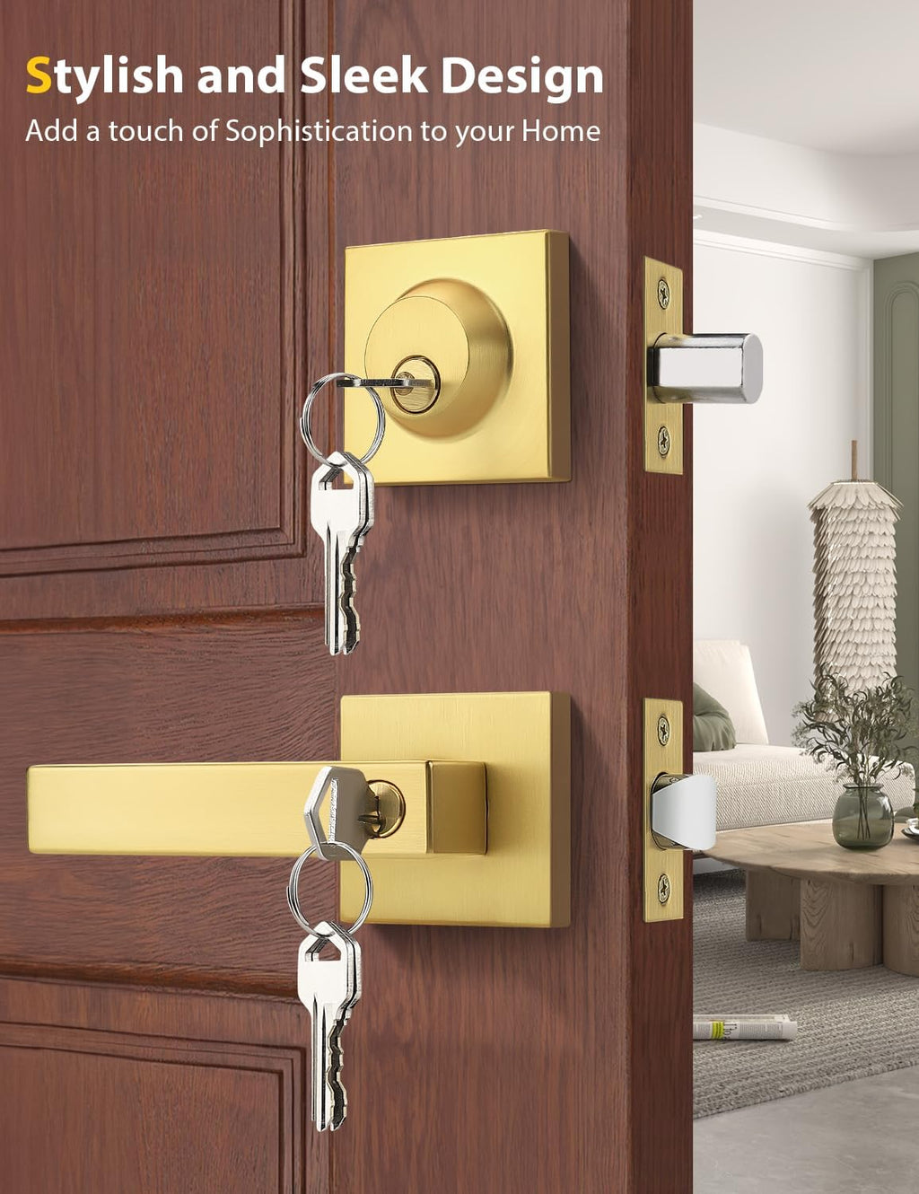 Brushed Gold Keyed Alike Front/Exterior Door Lever with Single Cylinder Deadbolt, Satin Brass Entry Door Knob Lock