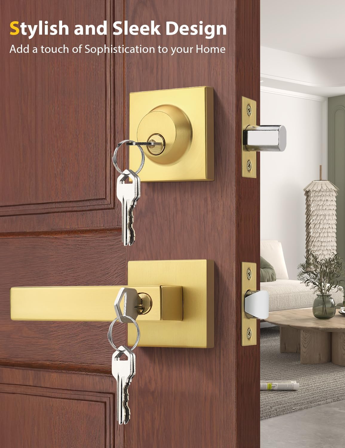 Brushed Gold Keyed Alike Front/Exterior Door Lever with Single Cylinder Deadbolt, Satin Brass Entry Door Knob Lock