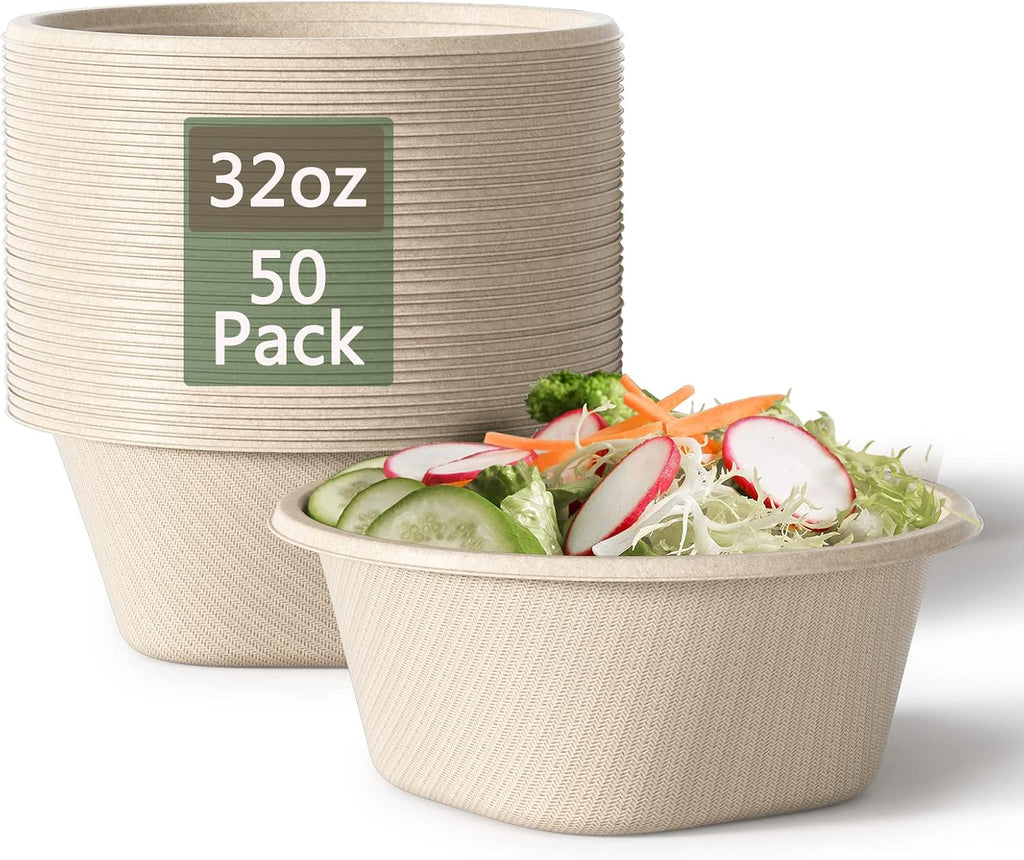 32 Oz Deep Paper Bowls Disposable Bowl - Disposable Heavy Duty Compostable Bowls, Eco-friendly Sugarcane Bagasse