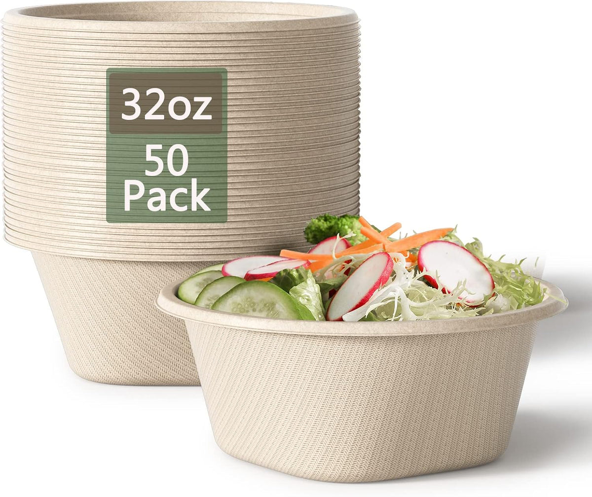 32 Oz Deep Paper Bowls Disposable Bowl - Disposable Heavy Duty Compostable Bowls, Eco-friendly Sugarcane Bagasse