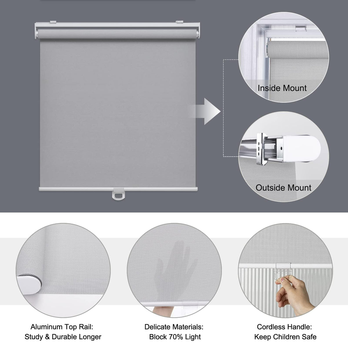 Light Filtering Roller Shades for Indoor Windows, 59" W x 72" H, Grey