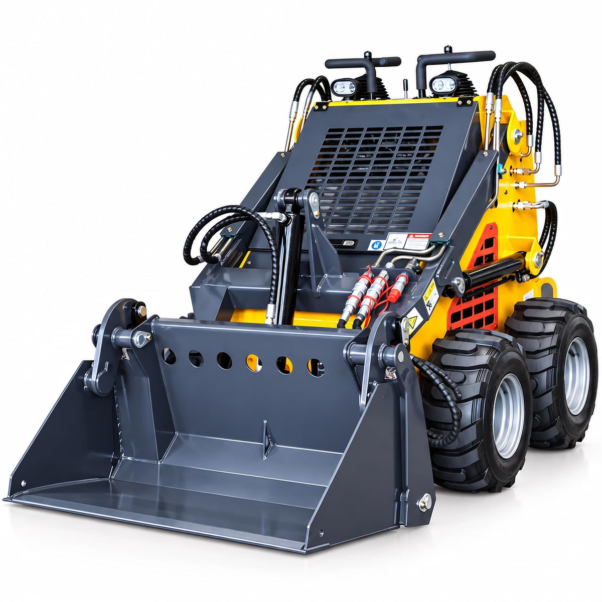 24 HP Mini Wheeled Skid Steer Loader, 2-Cylinder Gas Engine, 4-in-1 Bucket, Three-Pump Three-Valve Hydraulic System