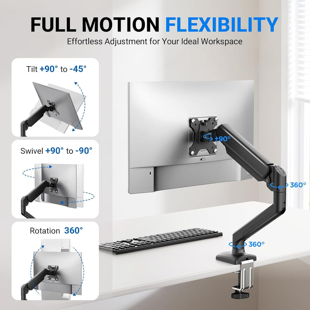 Gas Spring Monitor Mount for 13-32", Single Monitor Arm | Full Motion 360 Rotate Swivel Tilt, Up to 19.8 Lbs, VESA