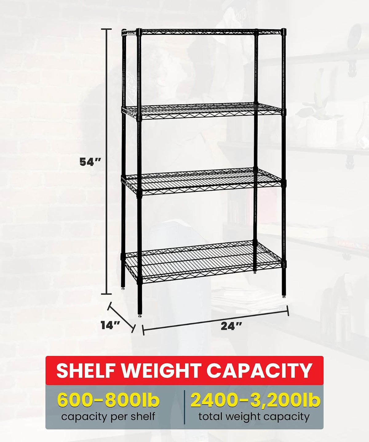 WR54-1424BK 4-Shelf Wire Shelving Unit, NSF-Certified Heavy-Duty Adjustable Rack for Garage, Warehouse & Workshop