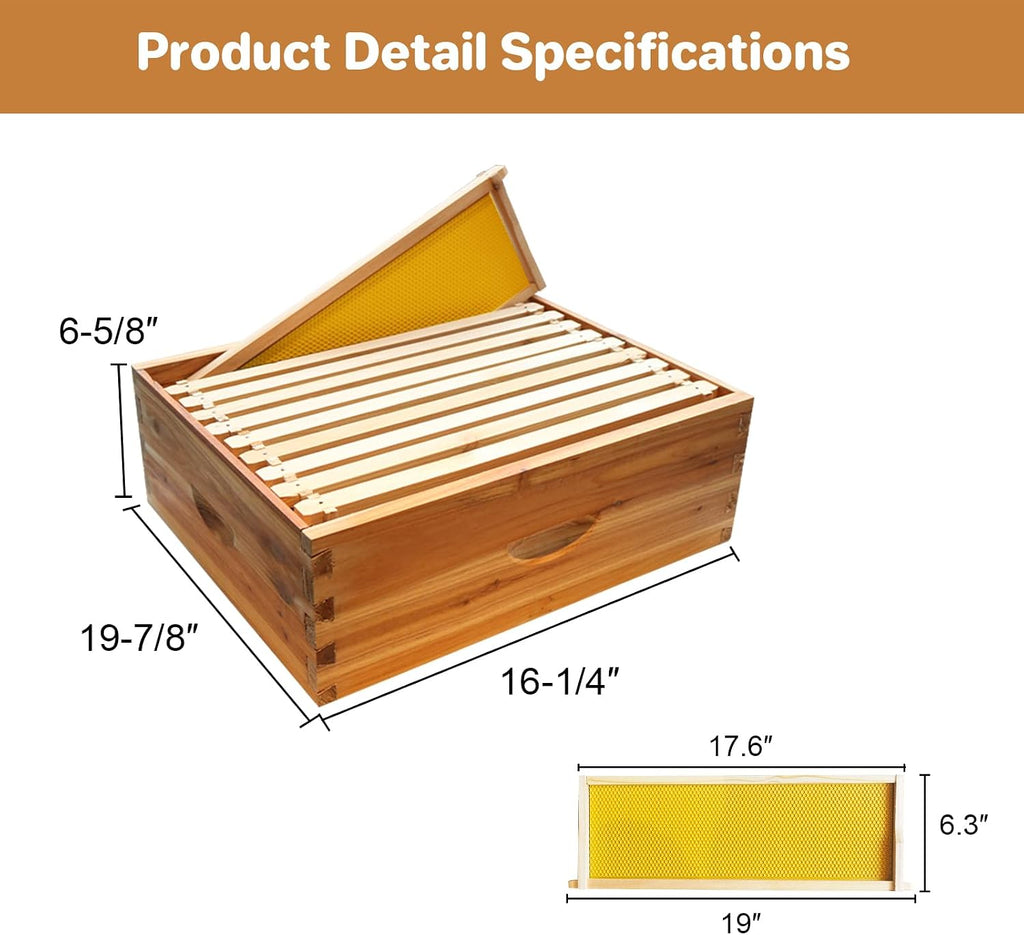 Langstroth Beehive Starter Kit - 10-Frame Pre-Coated with Natural Beeswax, Weatherproof Cedar Wood Hive with Dovetail