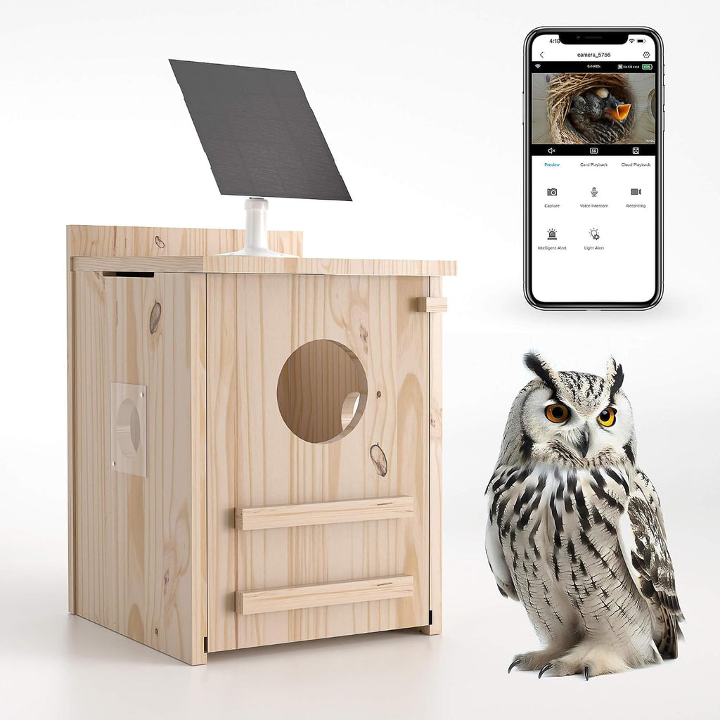 Solar-Powered Smart Owl House with Camera - Outdoor Hanging Wooden Nesting Box, Real-Time View & Motion Detection