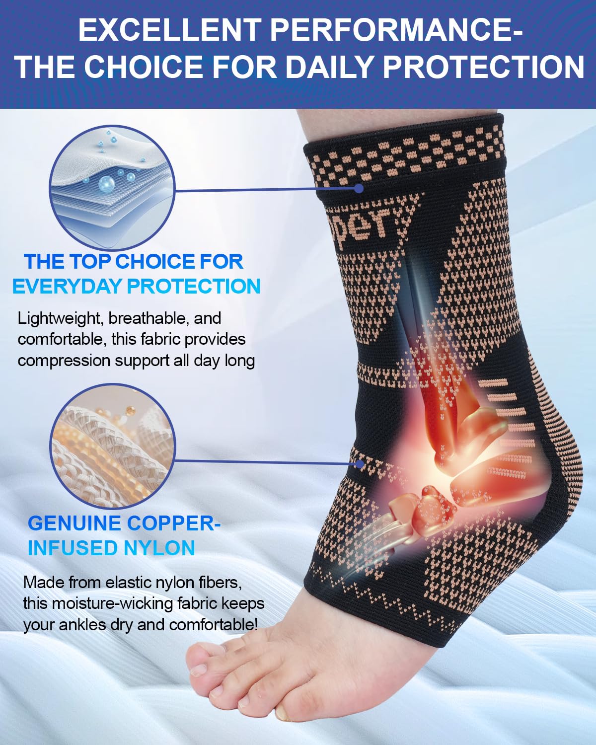 Copper Ankle Brace for Men & Women, Ankle Compression Sleeve 1 Pair