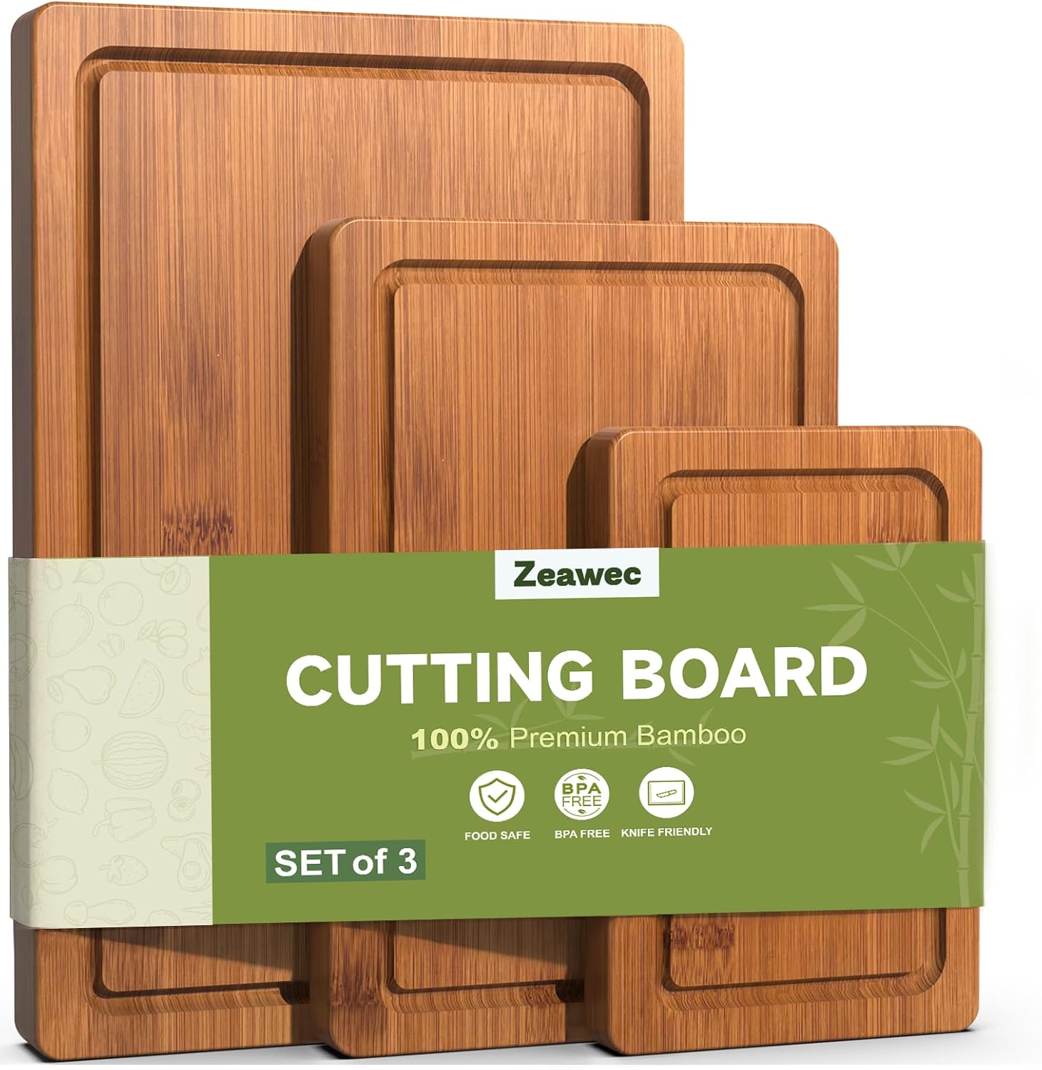 3-Piece Set Bamboo Cutting Board for Kitchen - Crack-Resistant Wood Chopping Boards with Deep Juice Grooves