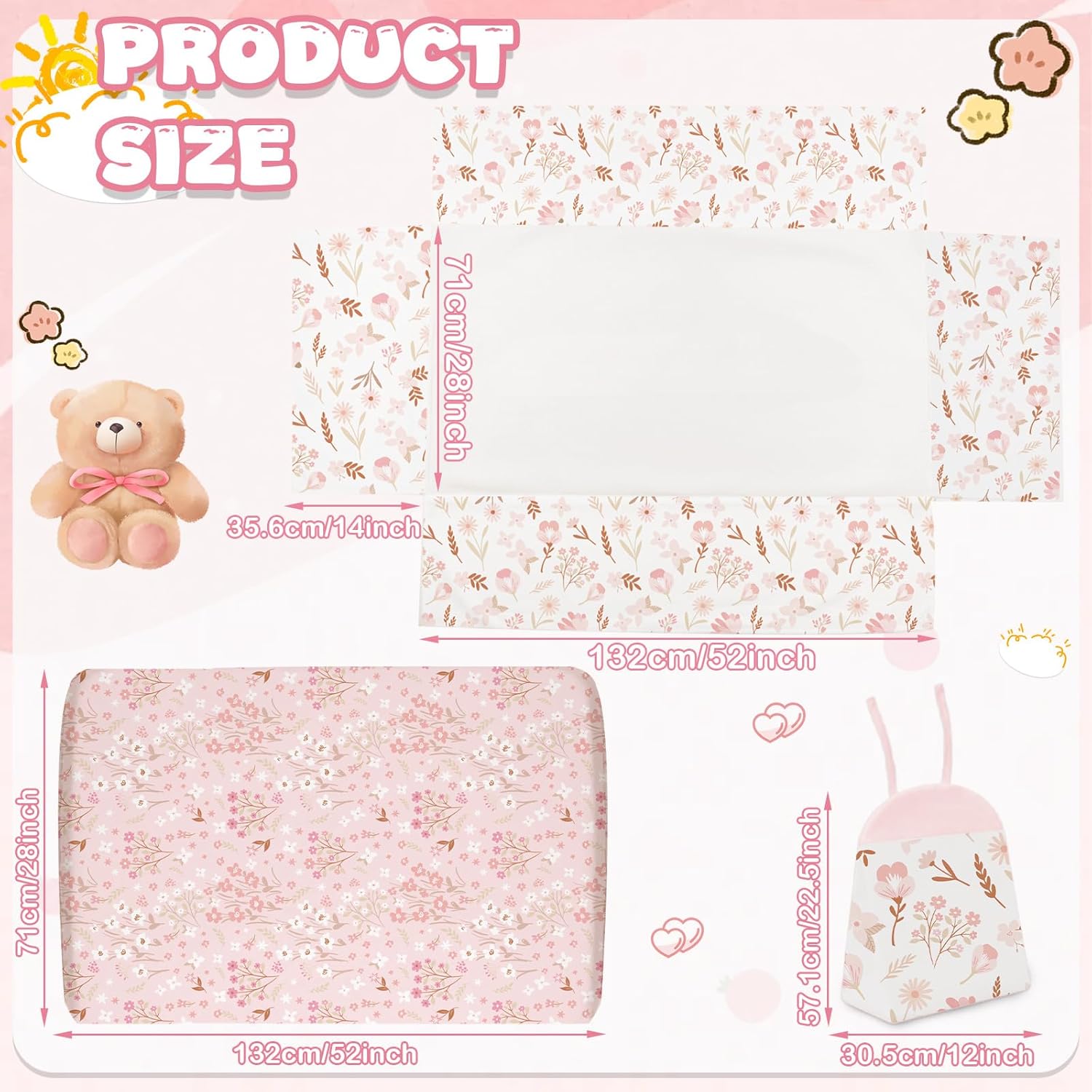 4 Pieces Crib Bedding Set for Girls and Boys, Soft Baby Bedding Set Including Crib Skirt, Comforter, Sheet and Diaper