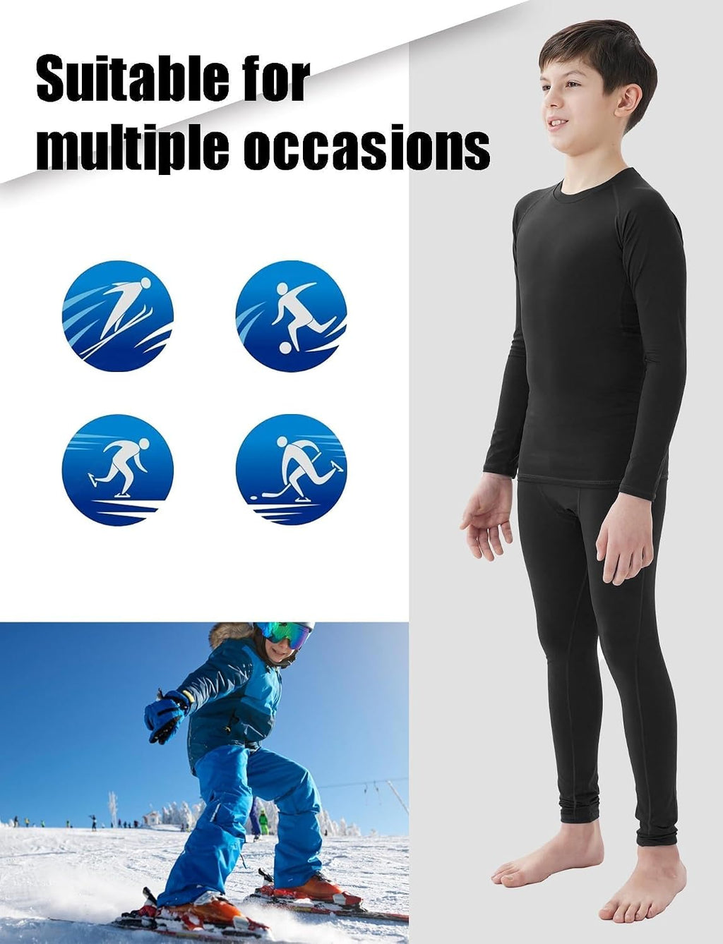 2 Sets Youth Boys Thermal Compression Base Layer Long Johns | Leggings and Shirts, Running, Basketball, Hockey