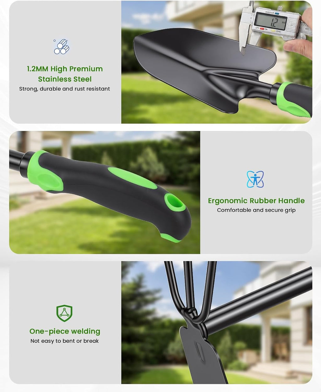 4-Piece Garden Tool Set, Heavy Duty Gardening Hand Tools with Soft Rubber Handle,Green,Premium Stailess Steel,Include