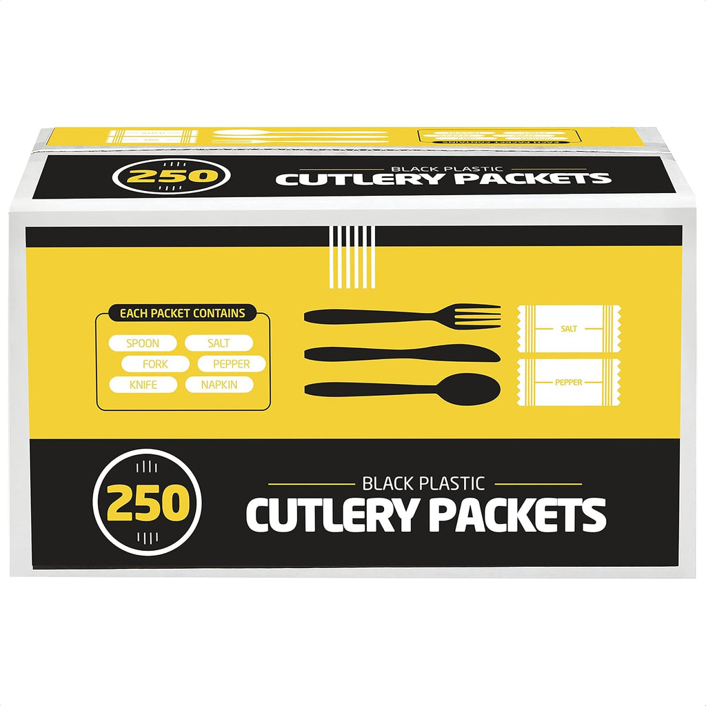 250 Disposable Cutlery Packets - Knife, Fork, Spoon, Napkin, Salt, Pepper Sets | Black & Silver Plastic Sets