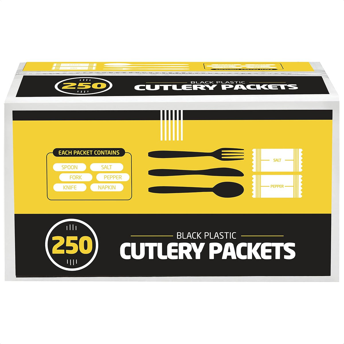 250 Disposable Cutlery Packets - Knife, Fork, Spoon, Napkin, Salt, Pepper Sets | Black & Silver Plastic Sets