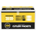 250 Disposable Cutlery Packets - Knife, Fork, Spoon, Napkin, Salt, Pepper Sets | Black & Silver Plastic Sets
