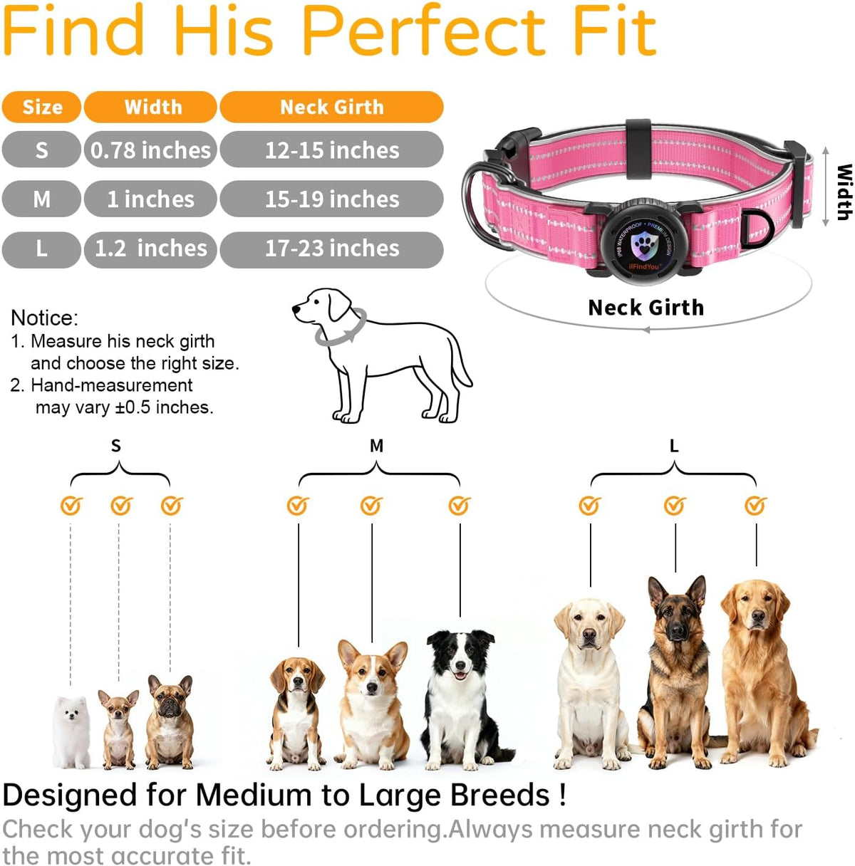 Dog Collar with AirTag Holder IP68 Waterproof Reflective Dog Collar, Rose L