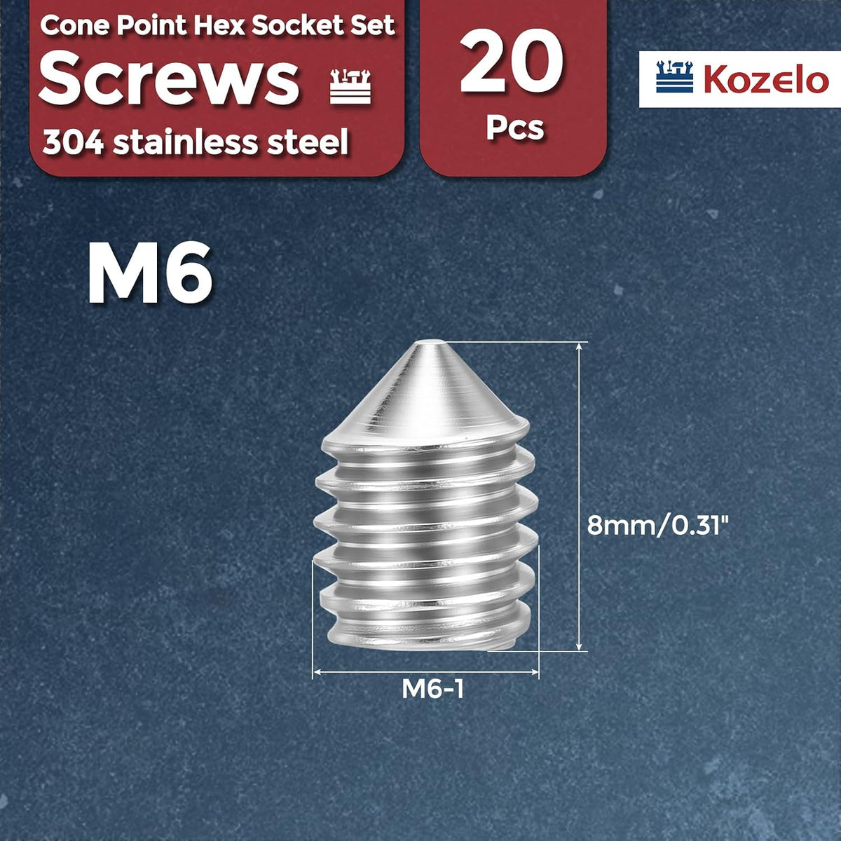 20pcs Cone Point Socket Set Screws-M6-1x8mm 18-8 Stainless Steel
