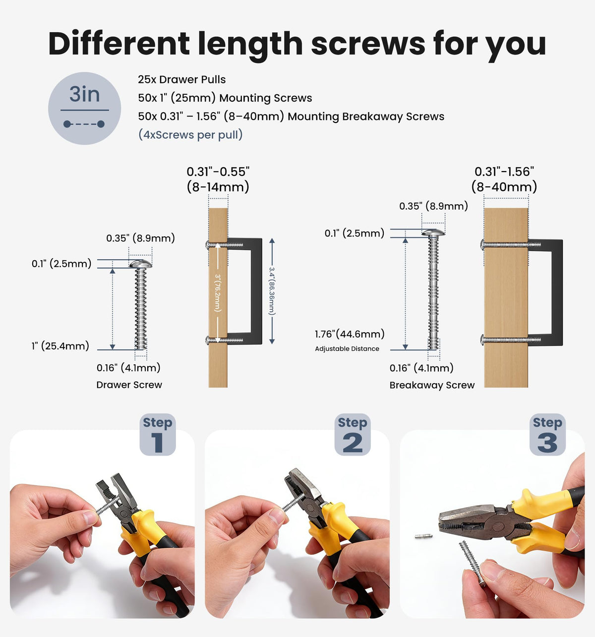 Matte Black Cabinet Handles, 3 Inch CC, Solid Kitchen Pulls, 25 Pack