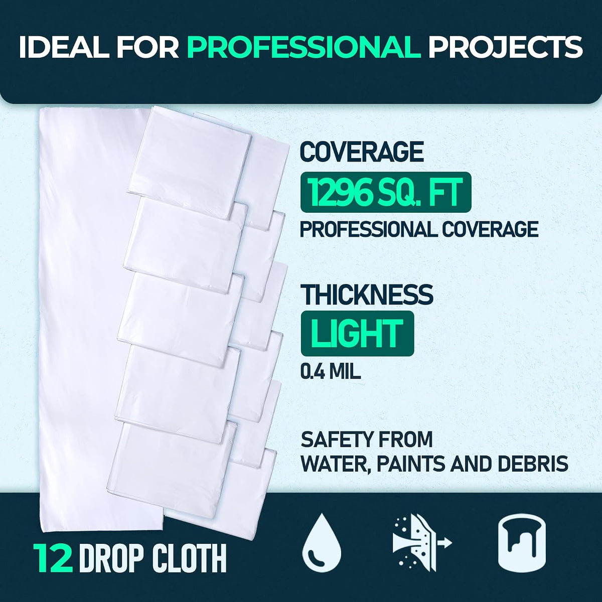 CS 12 Pack Clear Plastic Drop Cloth for Painting & Decorating, 12x9Ft Each