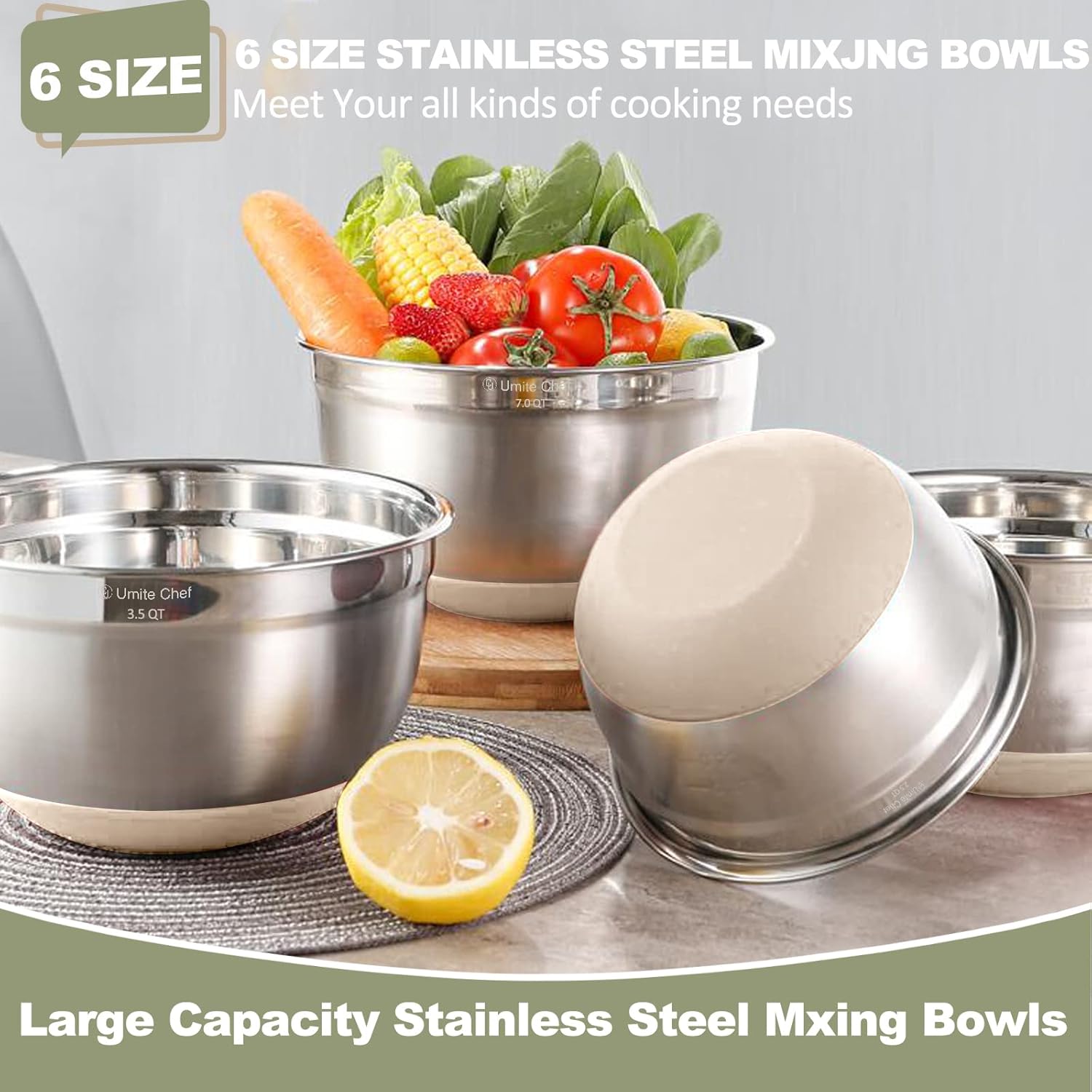Mixing Bowls with Airtight Lids, 6 piece Stainless Steel Metal Nesting Storage Bowls, Non-Slip Bottoms Size 7, 3.5