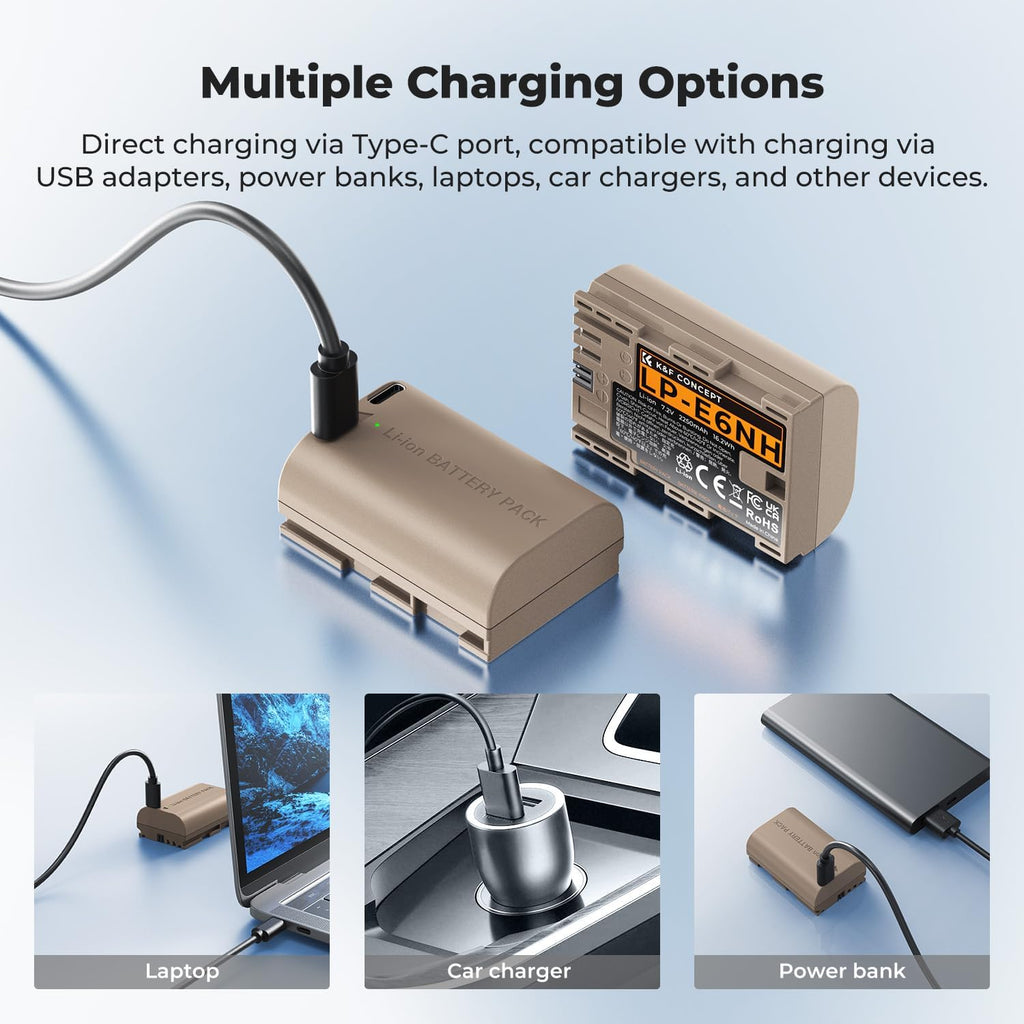 2-Pack LP-E6NH Battery with USB-C 2H Fast Charging R7 Battery Compatible with Canon R7 R6 R5, 5D 6D 7D Mark II III