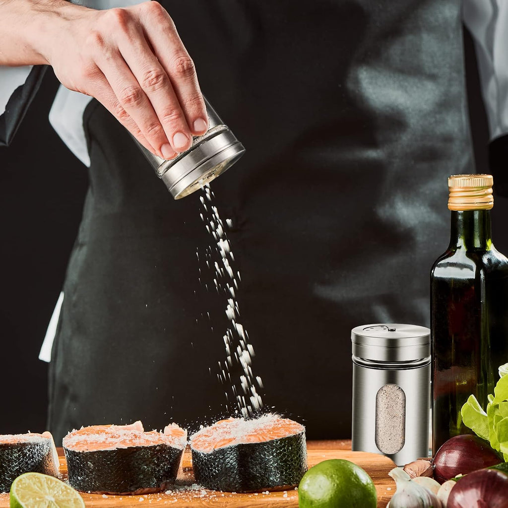 24 Pcs Salt and Pepper Shakers Stainless Steel Spice Shakers with Adjustable Pour Holes and Glass Window 3.4oz Salt