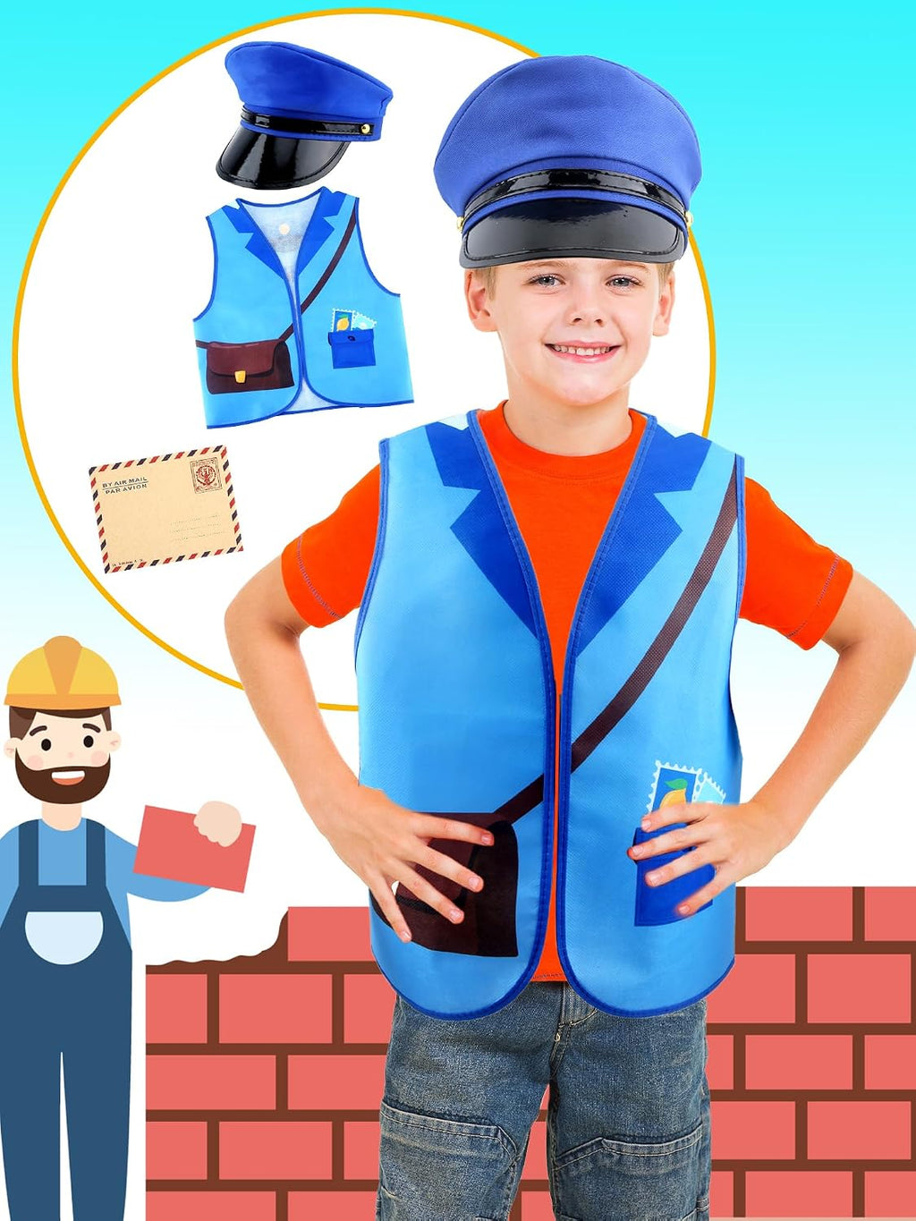 Kids Mailman Costume Set Postman Vest Hat Envelopes Mail Carrier Dress Up for Boys Girls Career Day Halloween Pretend