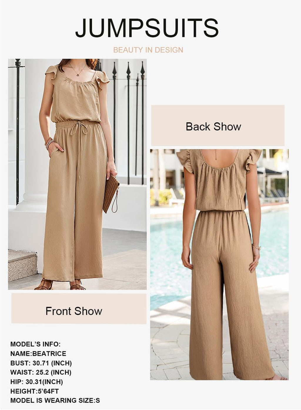 Jumpsuits for Women 2026 Summer Ruffle Sleeves Square Neck Rompers Drawstring Overalls with Pockets
