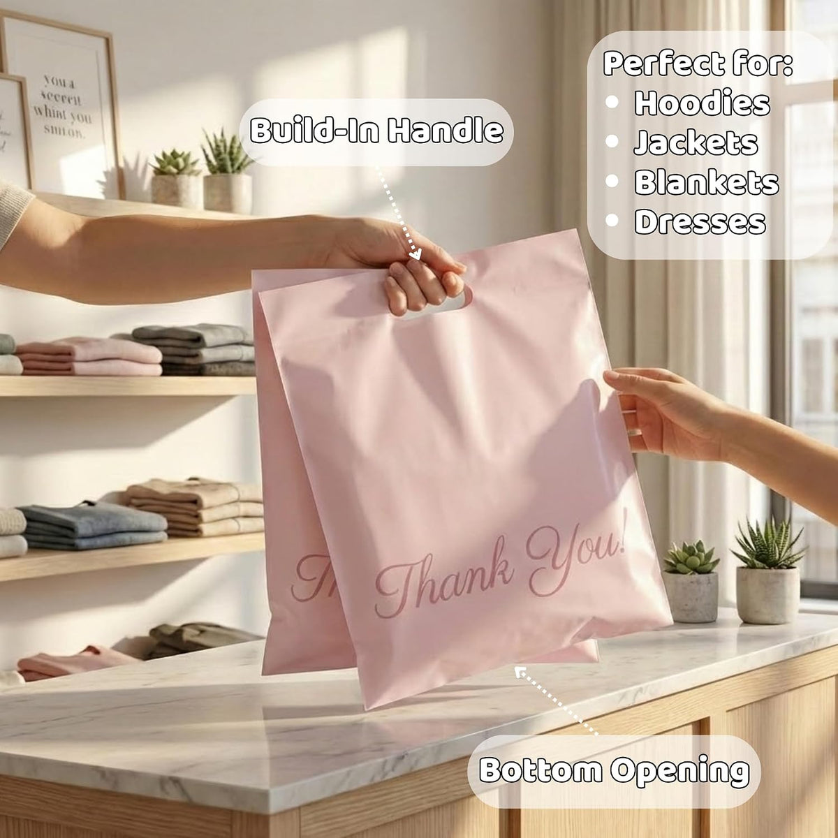 Pink Poly Mailers with Handle, 12x15, 50 Pack, Thank You Bags