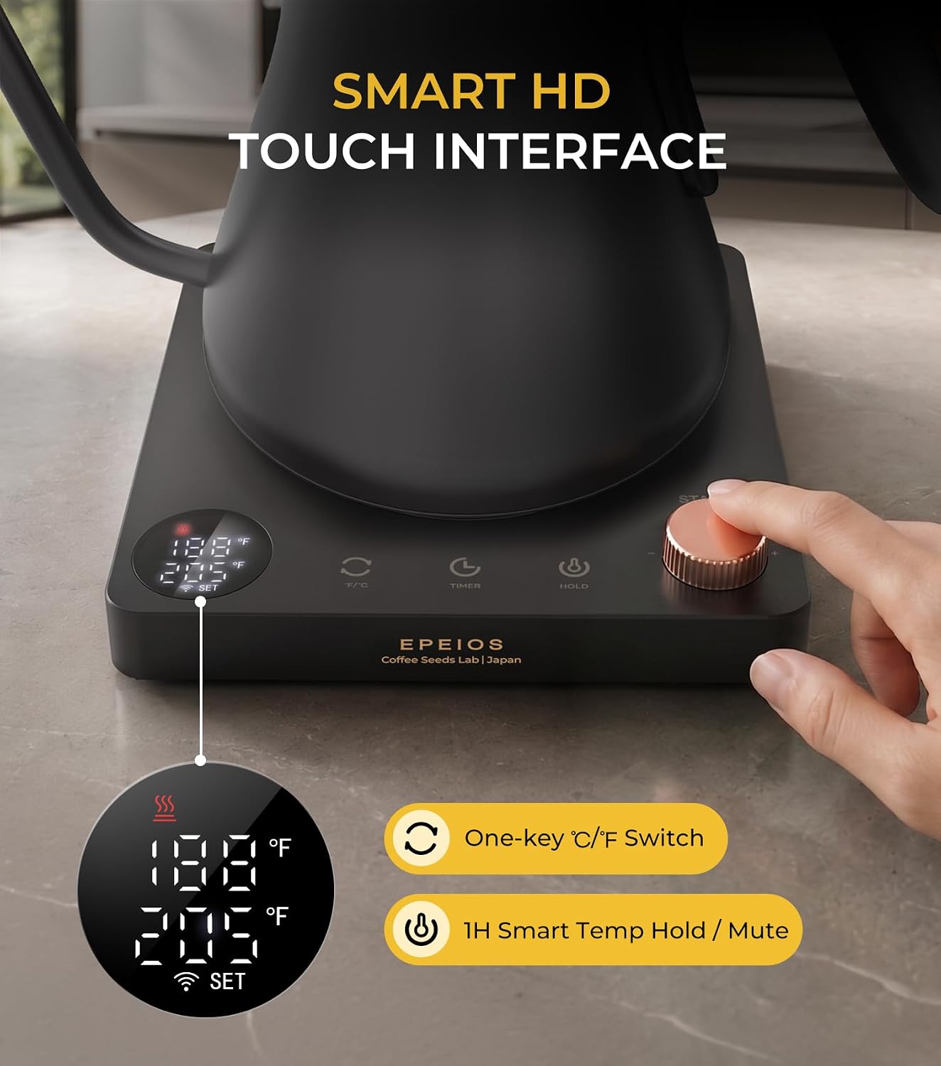 Gooseneck Electric Kettle 1°F Temperature Control,1200W,0.9L,Black | Rapid Heating, for Pour Over Coffee & Tea,Hot