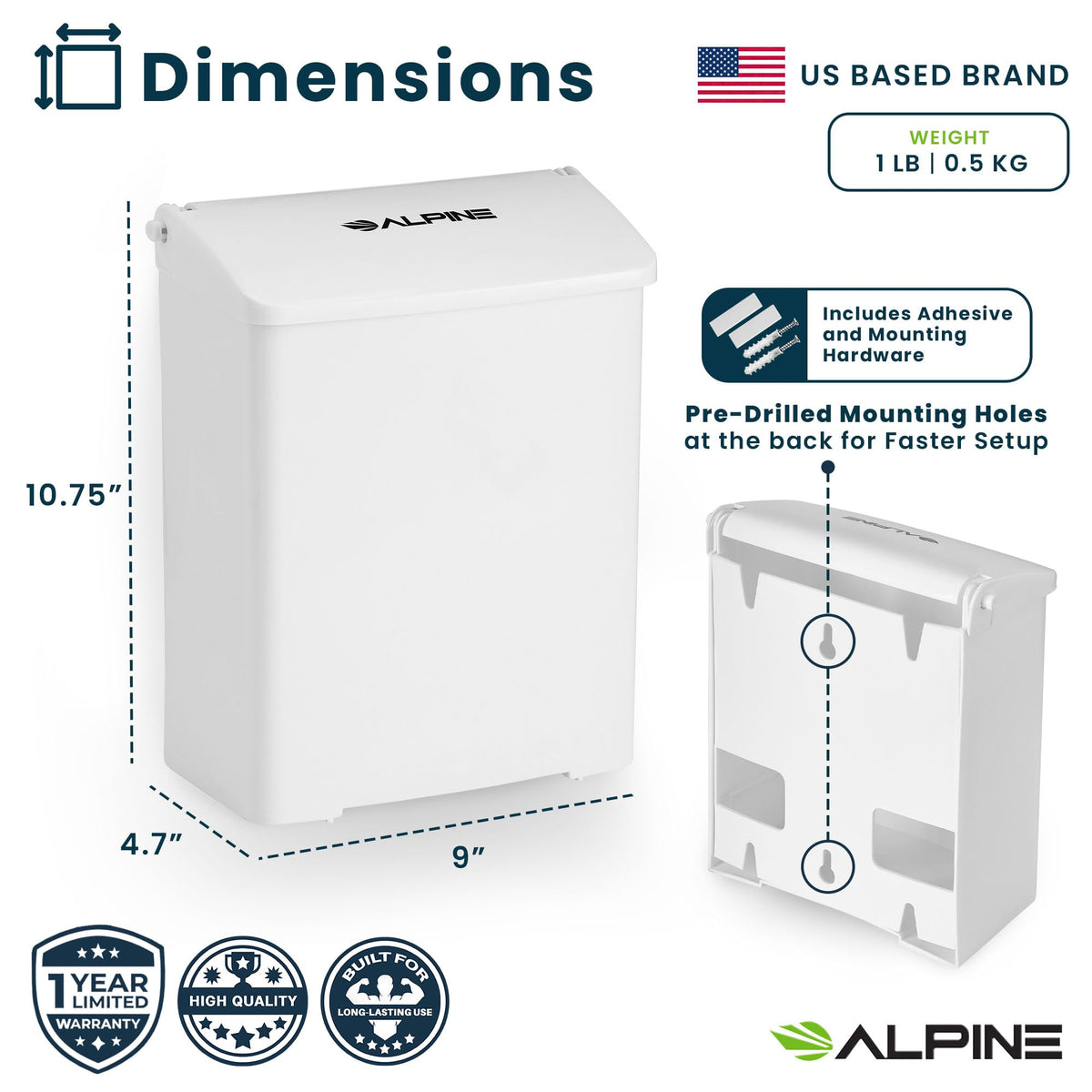 Sanitary Napkin Disposal Receptacle, Wall Mounted Trash Can, White