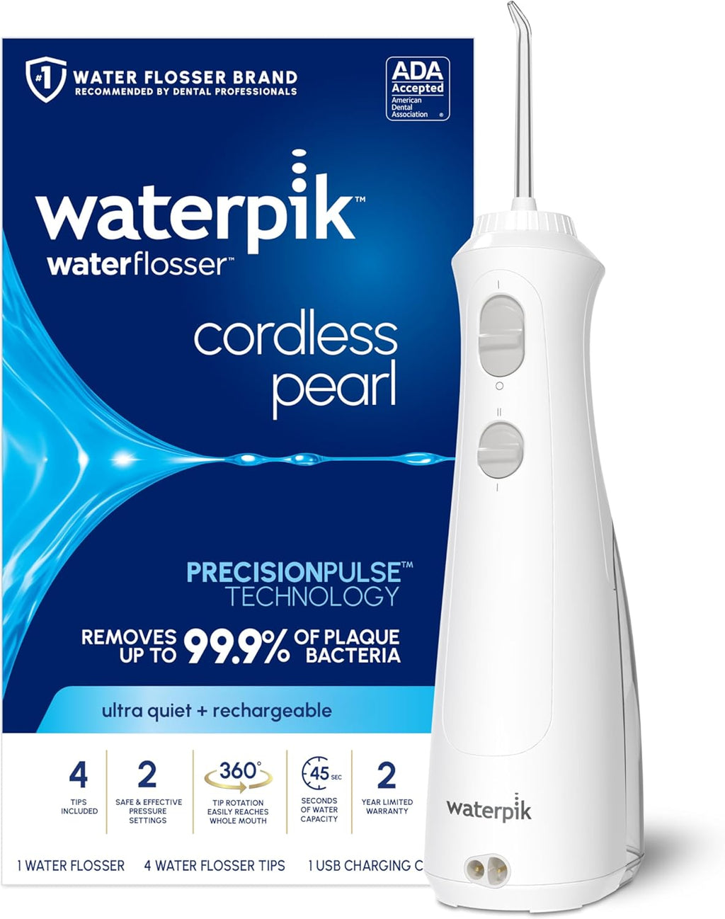 Cordless Pearl Rechargeable Portable Water Flosser for Teeth, Gums, Braces Care and Travel, Extra Quiet, 4 Flossing