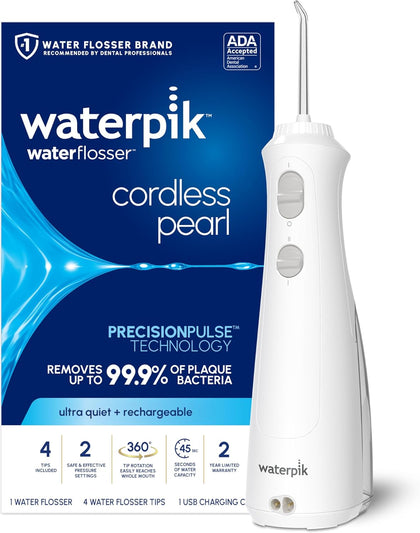 Cordless Pearl Rechargeable Portable Water Flosser for Teeth, Gums, Braces Care and Travel, Extra Quiet, 4 Flossing