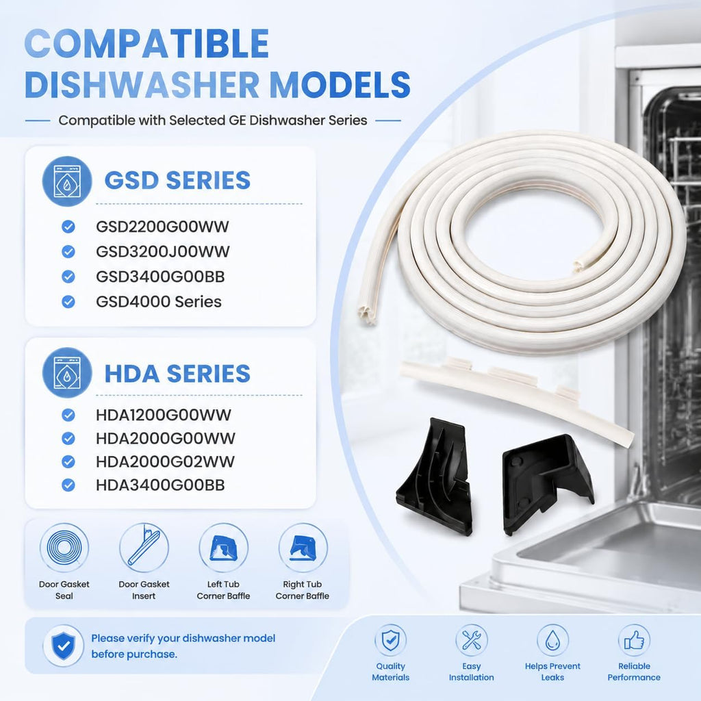 WD08X10057 Dishwasher Door Gasket Seal Compatible with GE Dishwashers, Includes WD08X10015 Gasket Insert and WD8X227 WD8X228 Tub Corner Baffles, Replaces PS958908 WD08X10014, Dishwasher Door Seal Kit