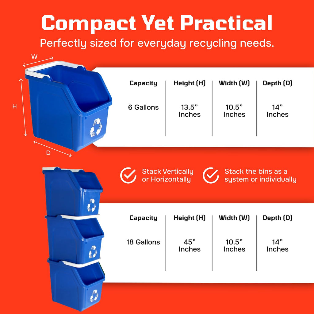 Blue Recycling Bin 6 Gallon Stackable Recycle Bin for Kitchen, Home, Garage, Office – Space Saving Small Recycling