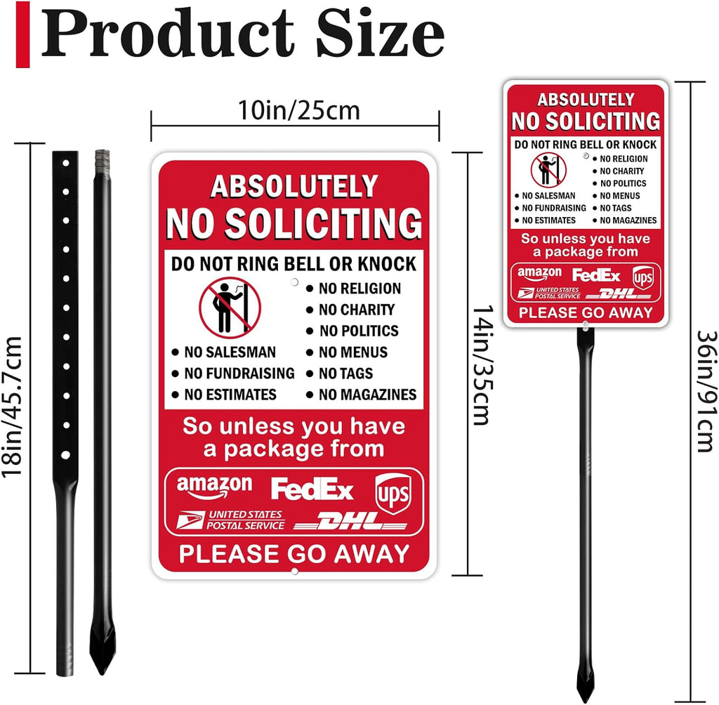 14" x 10" Large No Soliciting Sign with 36" Heavy Duty Steel Stake | Absolutely No Soliciting No Religious Aluminum