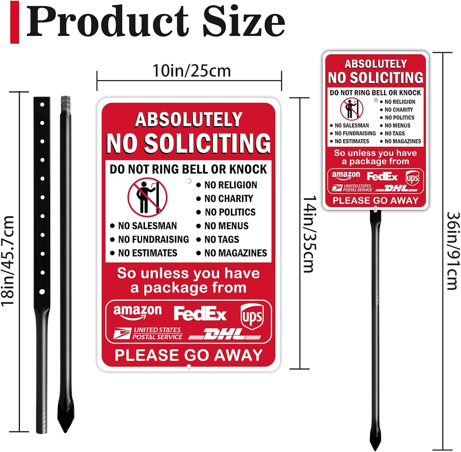 14" x 10" Large No Soliciting Sign with 36" Heavy Duty Steel Stake | Absolutely No Soliciting No Religious Aluminum