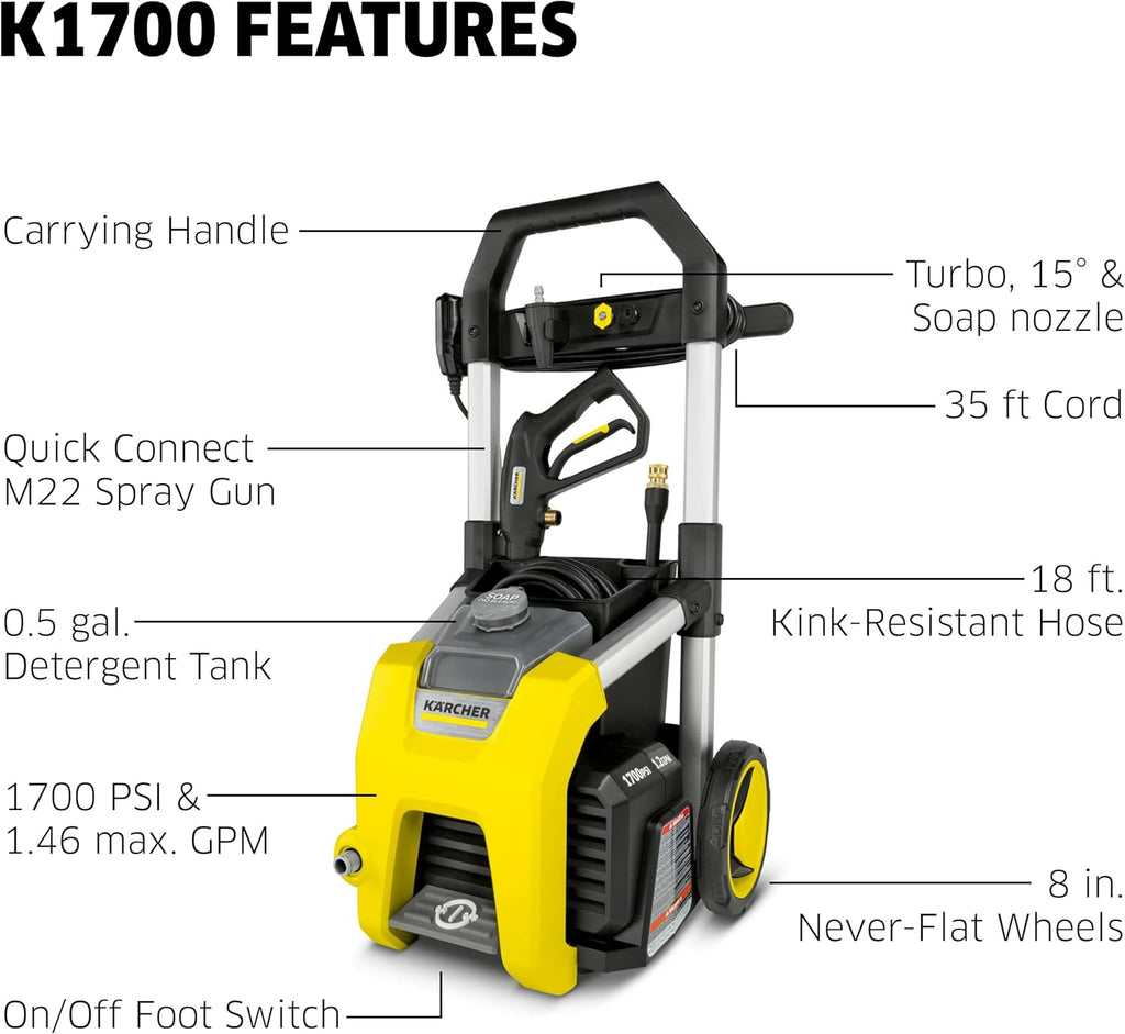 Pressure Washer K1700, CETA Certified, 3 Spray Nozzles, Detergent Tank, for Cars, Driveways, Siding, Patios, 1.2 max.