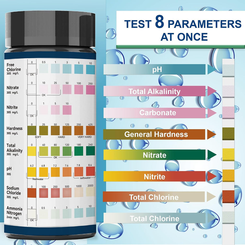 Aquarium Ammonia Test Strips,8-Way Aquarium Test Kit for Freshwater | 50 Strips Fish Tank Pond Test Strips,Test