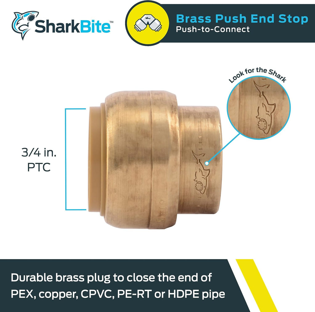 SharkBite 3/4 Inch Push Cap, Push to Connect Brass Plumbing Fitting, PEX Pipe, Copper, CPVC, PE-RT, HDPE, U518LFA