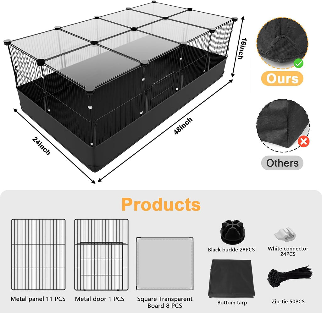 Guinea Pig Cage with Top Cover & 12 Panels, Triple Fixing Measures Small Animal Playpen with Waterproof PVC Liner &