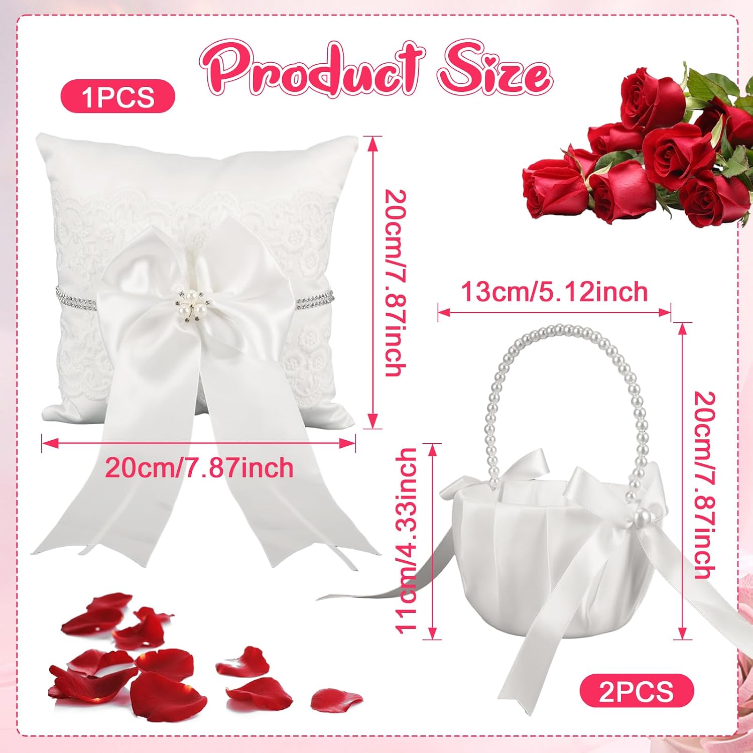 2 Flower Girl Baskets and Ring Bearer Pillows Set, Pearl Handle,Ivory Fariy