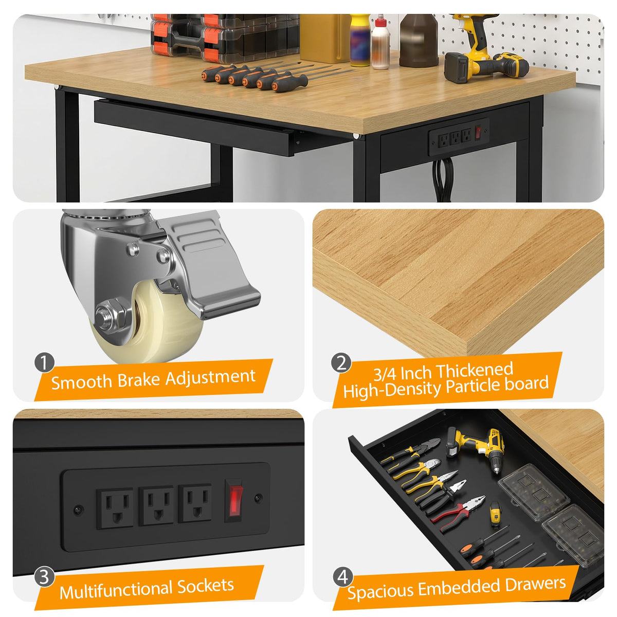 48" Adjustable Workbench,Heavy-Duty Work Table,3000 LBS Load Capacity Particleboard Hardwood Workstation Outlets with