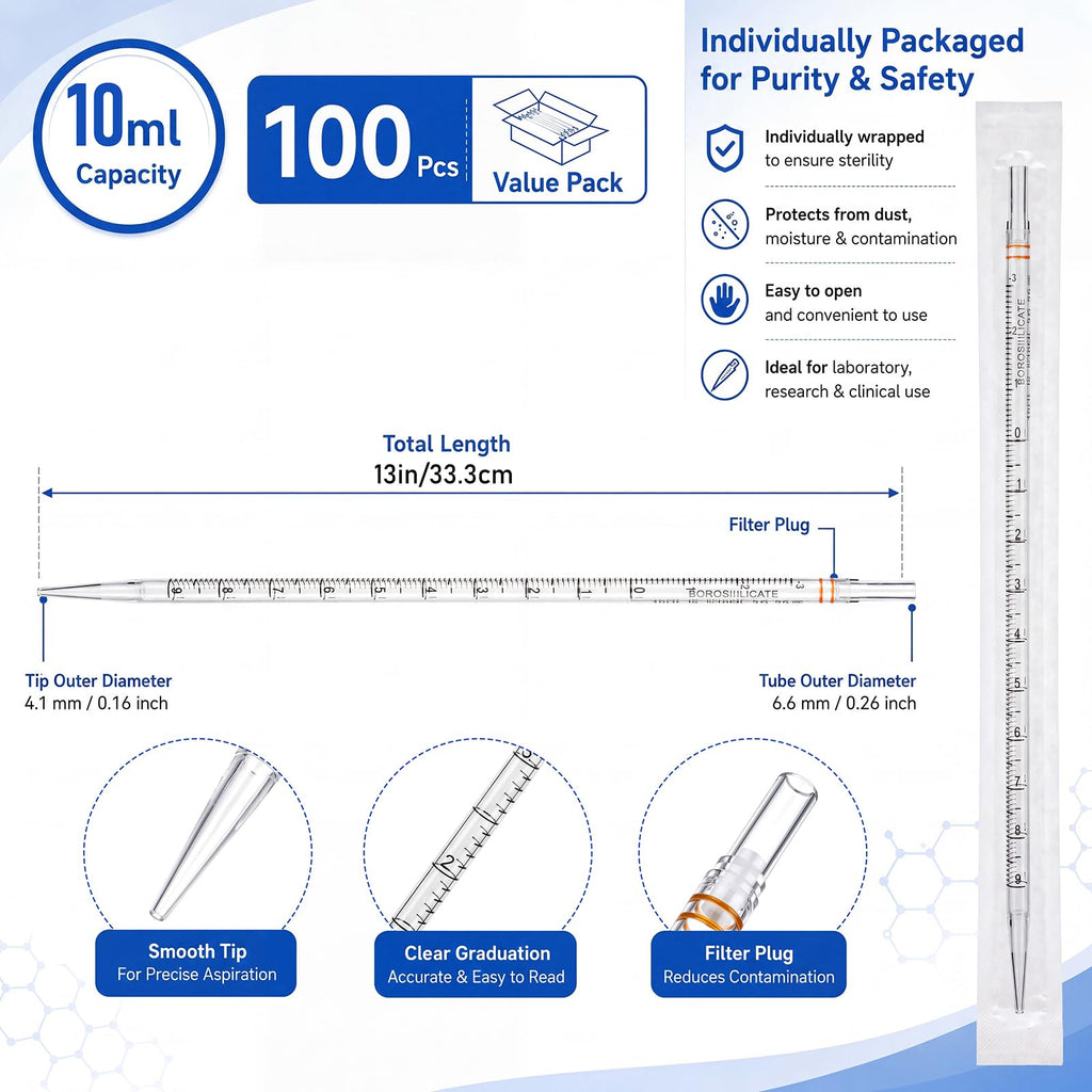 100 Pcs Serological Pipettes Individually Wrapped Bulk, 10 ml