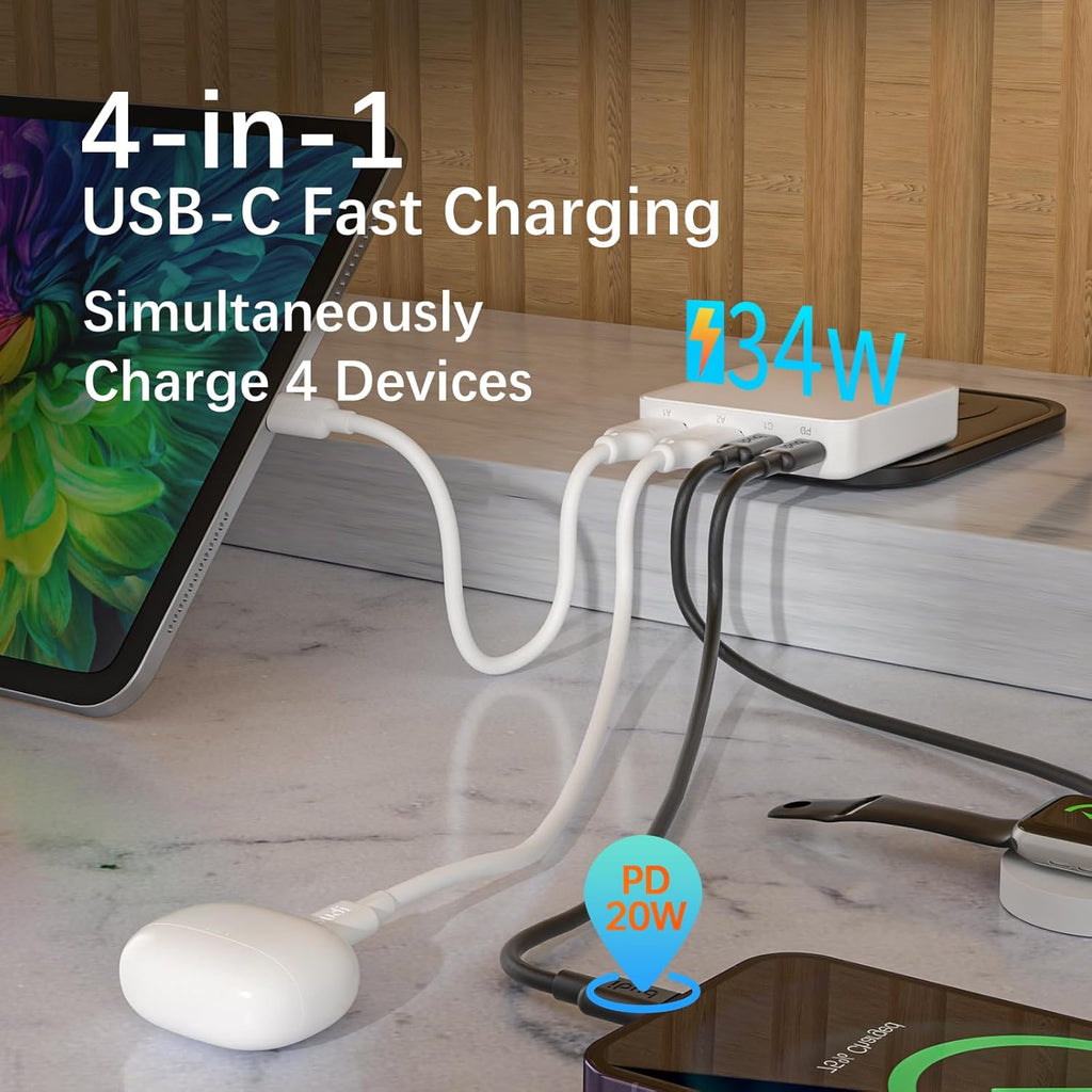 Flat USB C Wall Charger, 34W 4-Port USB Charger Block, Fast Charging Block with 20W Port Power Delivery and Dual