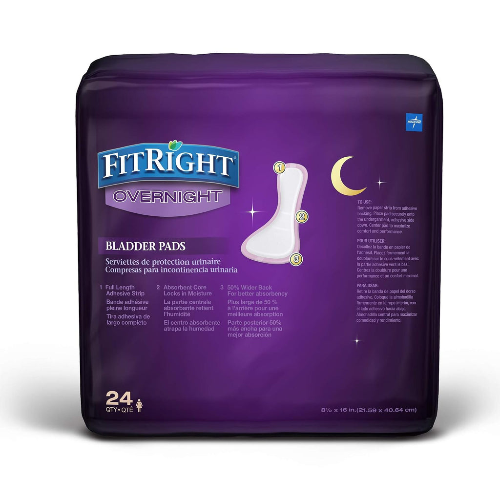 FitRight Overnight Bladder Control Pads, Maximum Absorbency, Nighttime Incontinence Protection, 8.5 x 16, 24 Count